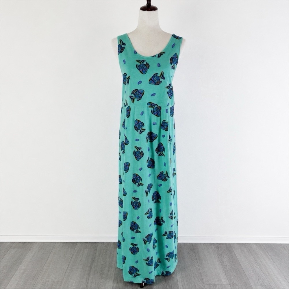 VTG Zip Code Dress Womens XL Green Fish Print Maxi 100% Cotton 90s Retro Beachy